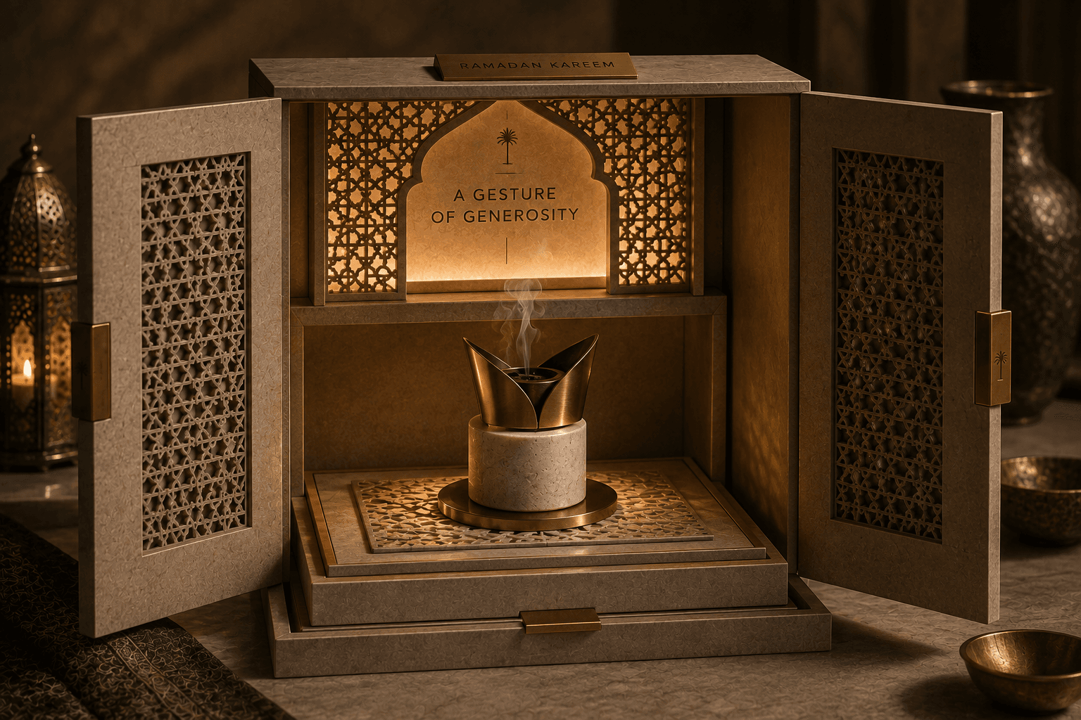 Contemporary majlis gift box with brass incense sculpture and mashrabiya doors