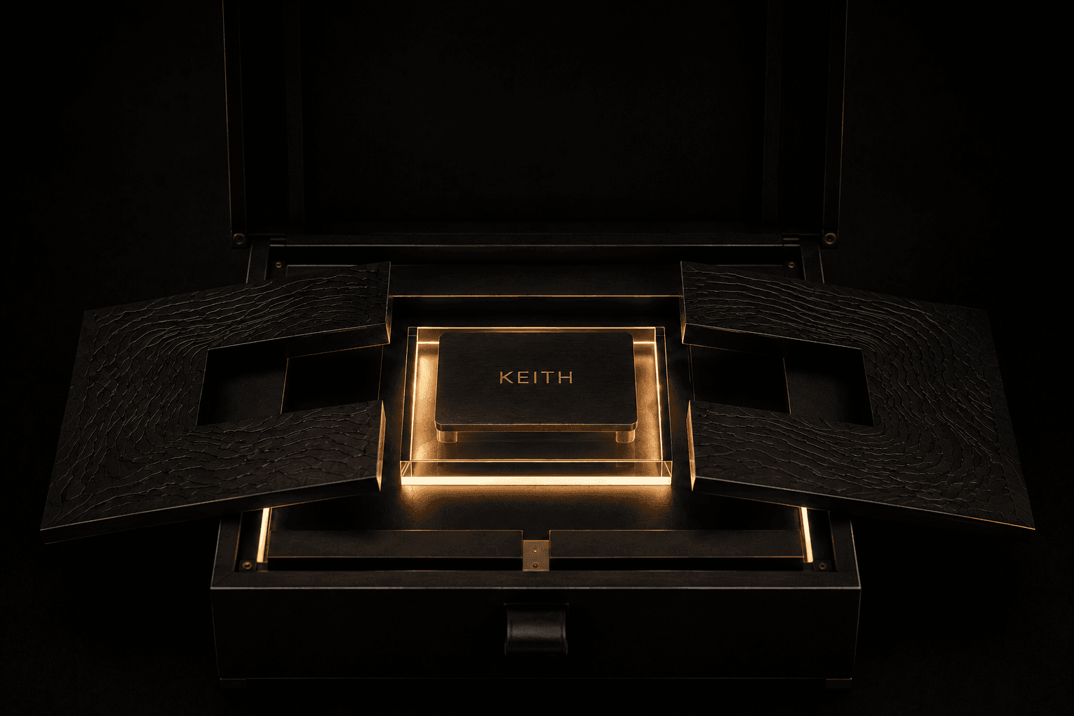 Illuminated private access card presentation box revealing a personalized name